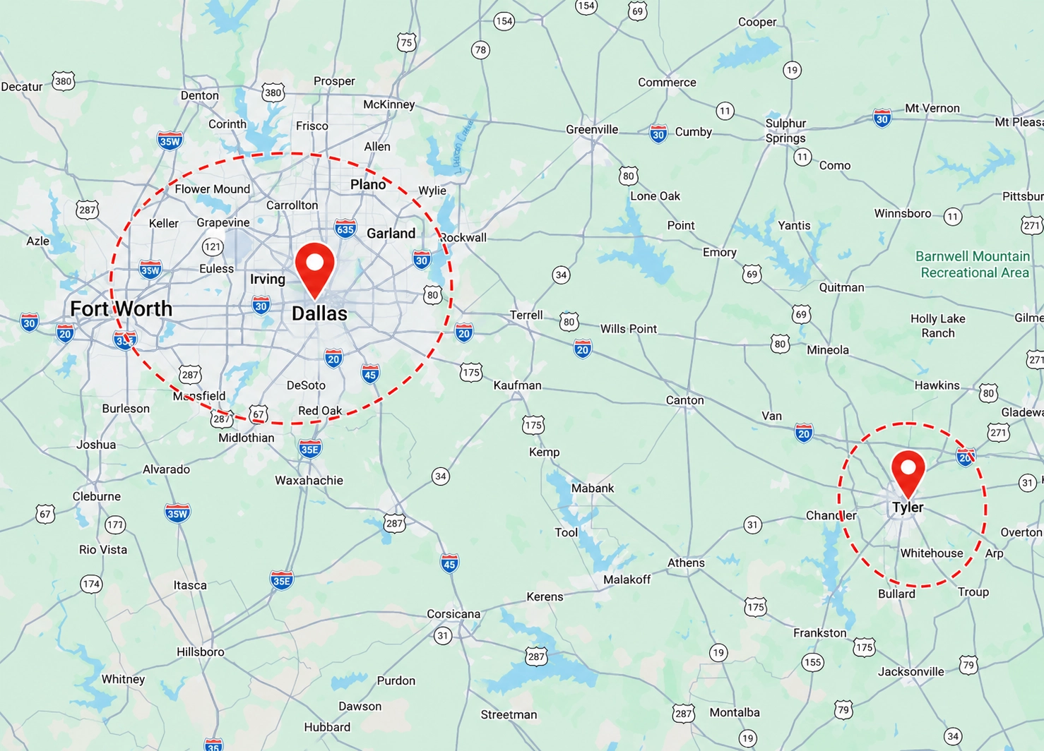 Map of East Texas showing Dallas and Tyler